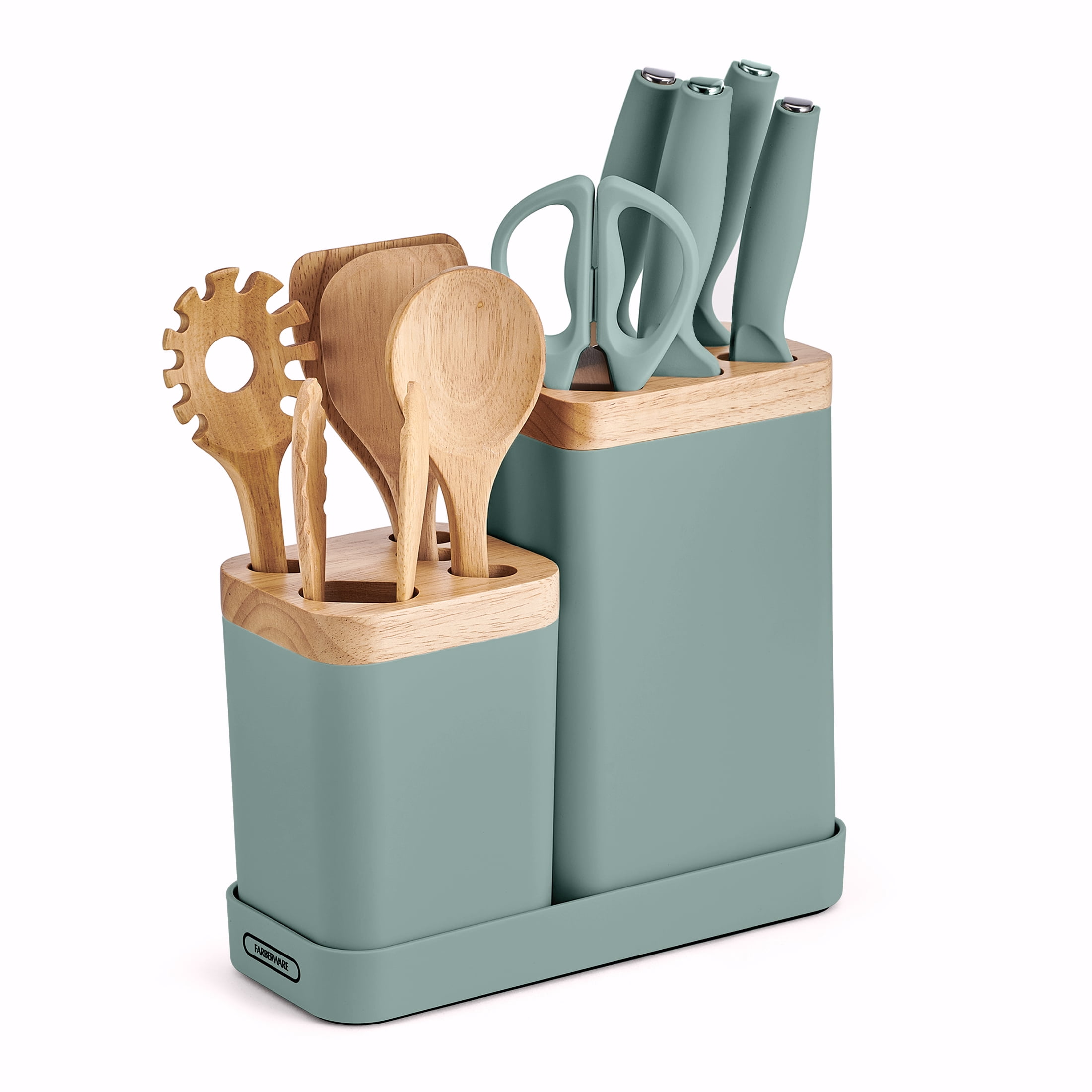 Farberware Professional Wood Kitchen Utensil and Knife Set with Counter Storage Sage, 13-Piece