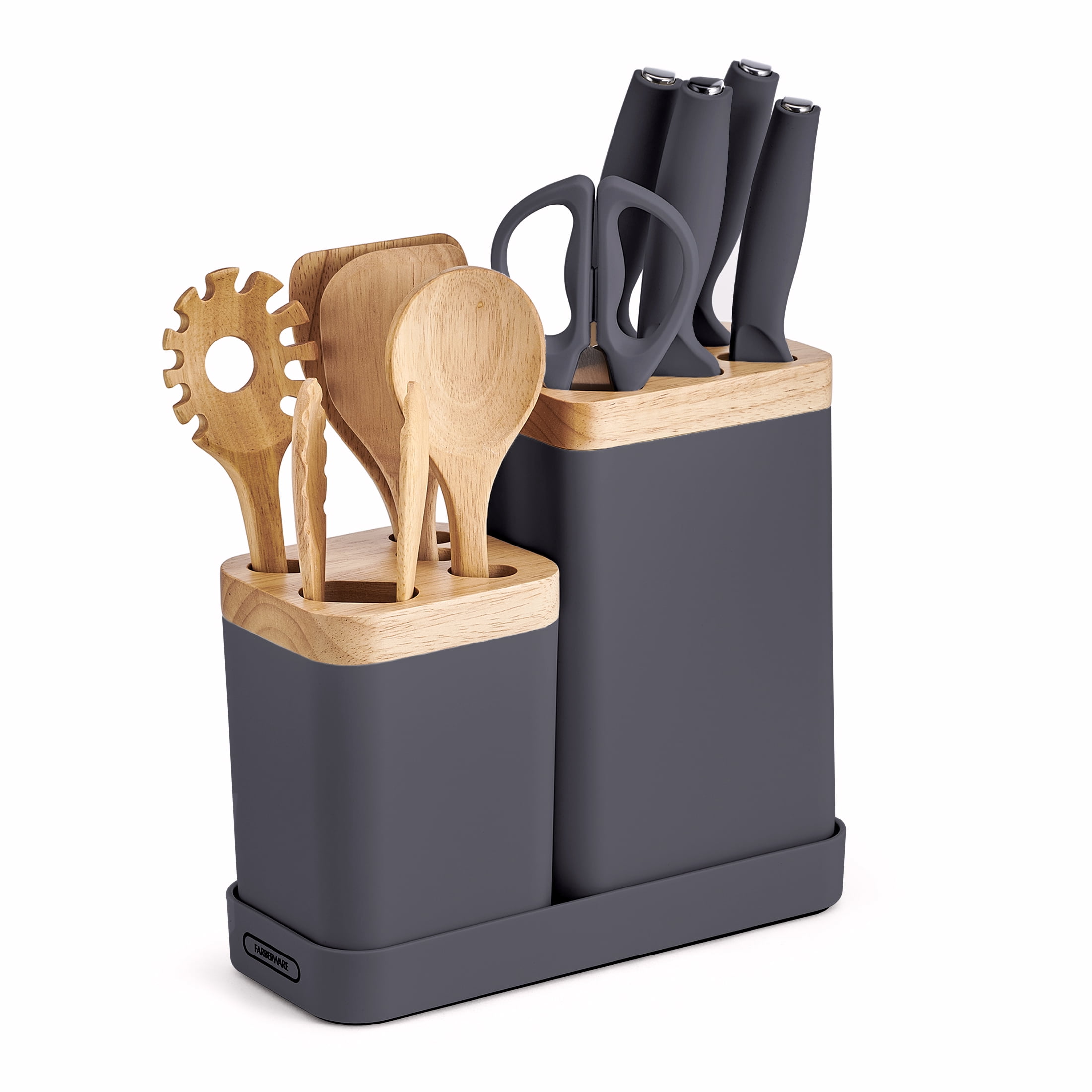 Farberware Professional Wood Kitchen Utensil and Knife Set with Counter Storage Smoke, 13-Piece