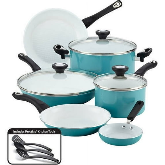 Farberware Pure Cook 12 Piece Ceramic Nonstick Pots and Pans Set, Aqua