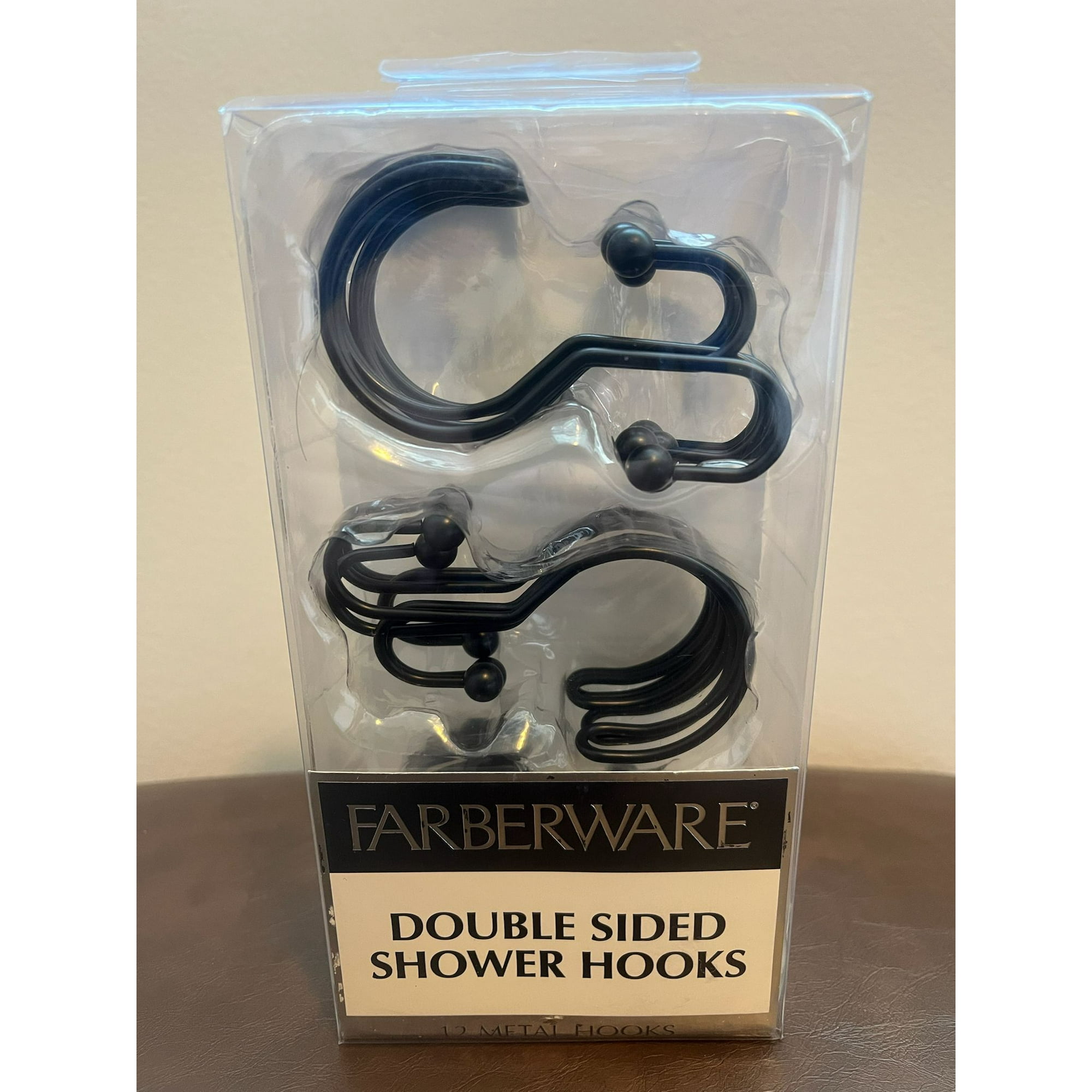 Farberware Shower Hooks - Double Shower Curtain Rings for Bathroom - Rust Resistant Shower Curtain Hooks for Shower Curtain or Liner - Flat Double Shower Curtain Hooks - Set of 12, Matte Black