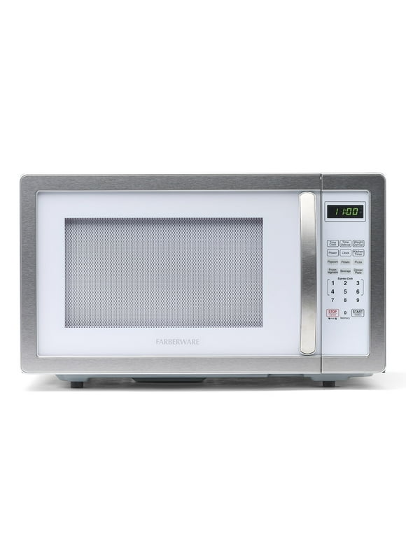 Farberware Stainless Steel Countertop Microwave Oven with Child Lock, 1.1 Cu Ft Platinum White