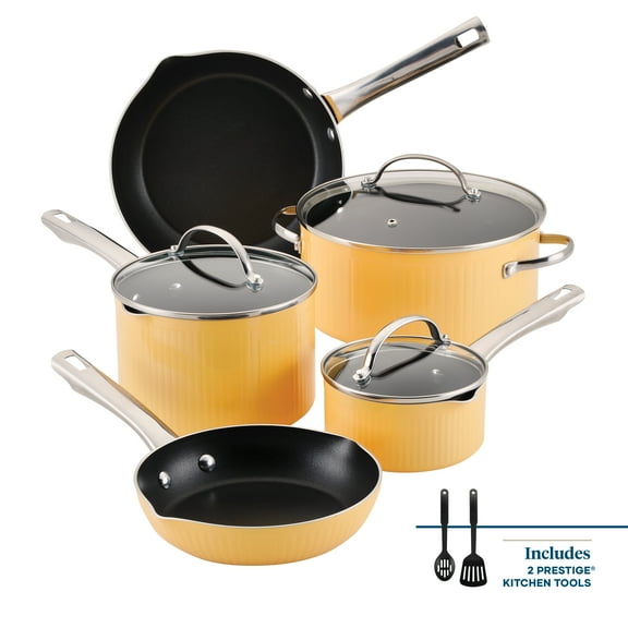 Farberware Style 10 Pcs Nonstick Cookware Set with Cooking Tools, Dishwasher Safe and Oven Safe to 500°F, Yellow