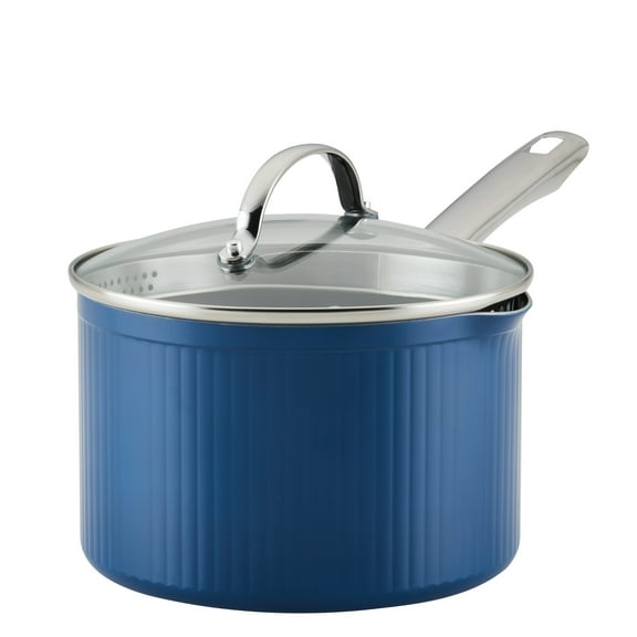 Farberware Style 3 Quart Nonstick Straining Saucepan with Tempered Glass Lid, Dishwasher Safe and Oven Safe to 500°F, Blue