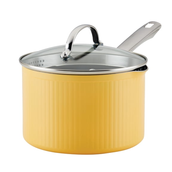 Farberware Style 3 qt Nonstick Straining Saucepan with Tempered Glass Lid, Dishwasher Safe, Oven Safe to 500°F, Yellow