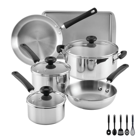 Farberware SureSteel 14-Piece Stainless Steel Cookware Set with Baking Pan and Cooking Tools, Induction Compatible, Dishwasher Safe