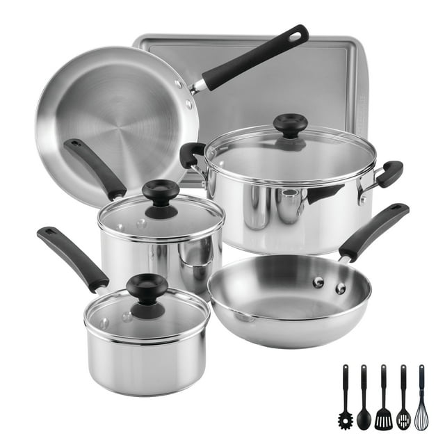 Farberware SureSteel 14-Piece Stainless Steel Cookware Set with Baking Pan and Cooking Tools, Induction Compatible, Dishwasher Safe