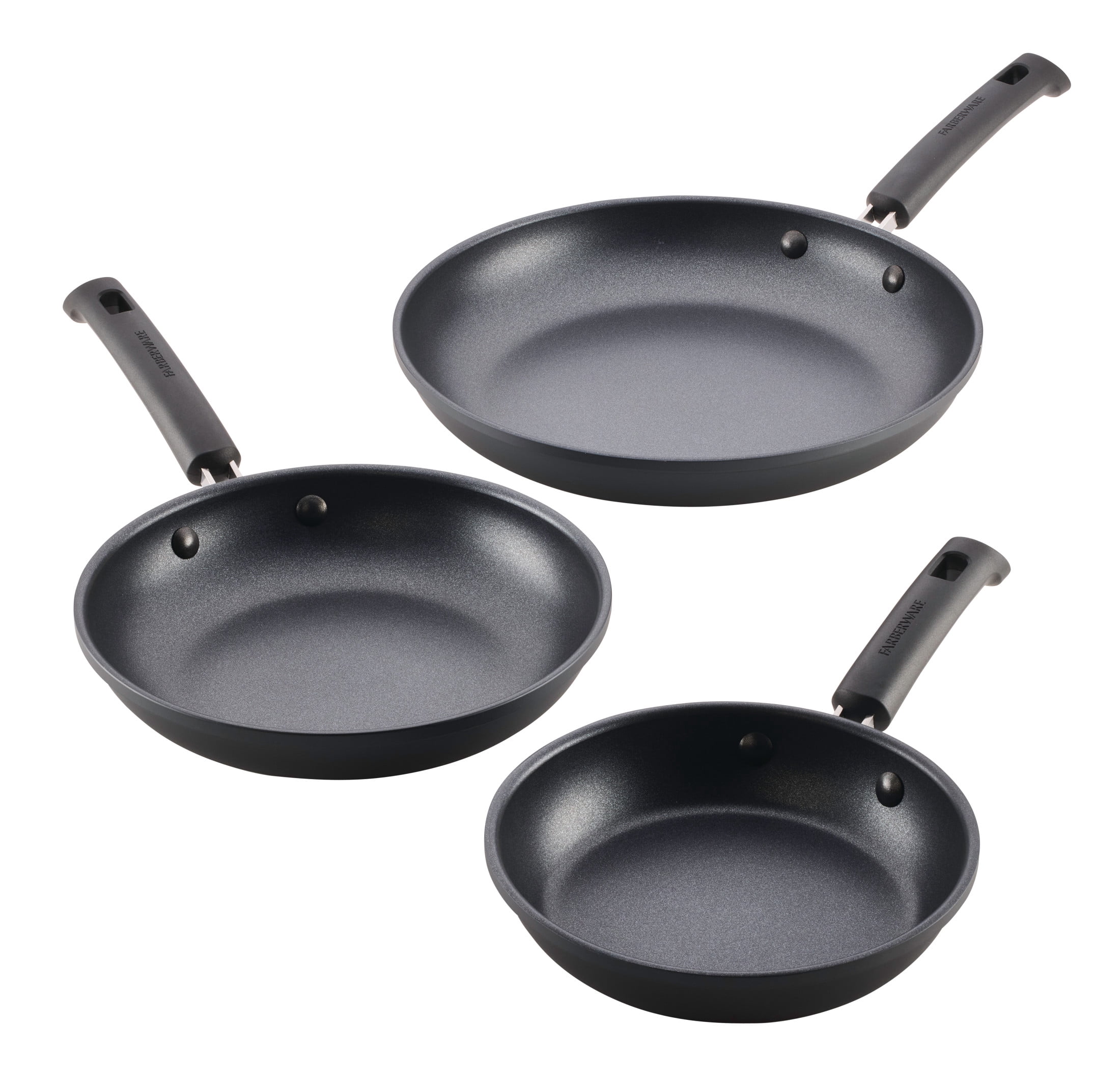 Farberware TrueCook Nonstick Frying Pan Set, 3-Piece, 8.25 in, 10 in, and 12.25 in, Dishwasher Safe, Oven Safe to 350 F, Black
