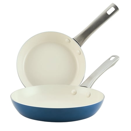 Farberware Vibrance 2 Pcs Ceramic Nonstick Frying Pan Set, Dishwasher Safe and Oven Safe to 500°F, 8 Inch and 10 Inch, Blue