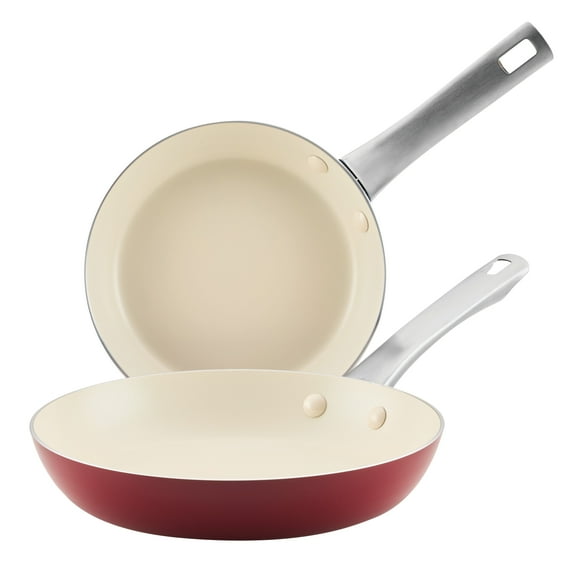 Farberware Vibrance 2 Pcs Ceramic Nonstick Frying Pan Set, Dishwasher Safe and Oven Safe to 500°F, 8 Inch and 10 Inch, Red
