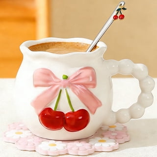 Farcauo 11.5 OZ White Bow Cherry Coffee Mug Coquette Porcelain Coffee Tea Cup Ceramic Coffee Cup Bow Cute mug Personalized Mug for Women Girl