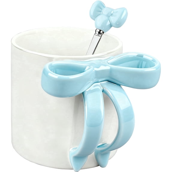 Farcauo 12 OZ Blue Bow Coffee Mug Ceramic Coffee Cup Coquette Porcelain Coffee Tea Cup Bow Cute mug Personalized Mug for Women Girl
