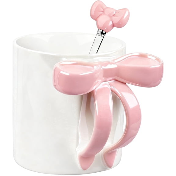 Farcauo 12 OZ Bow Coffee Mug Pink Ceramic Cute Mug Personalized Mug Coffee Cup Coquette Mug Porcelain Coffee Tea Cup for Women Girl