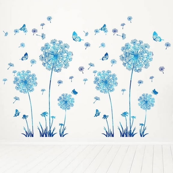 Farcauo 2 Set Dandelion Wall Decals Blue Flower Wall Stickers Butterflies Wall Decor for Bedroom Office Bathroom Living Room Floral Wall Decal Removable Wall Decoration Peel and Stick Wall Decor