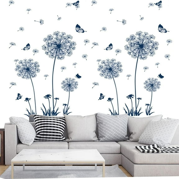 Farcauo 2 Set Dark Blue Dandelion Wall Decals Peel and Stick Dandelion Wall Stickers Large Floral Wall Stickers & Murals Flower Wall Decals for Living Room Bedroom Bathroom Door Vinyl Wall Art