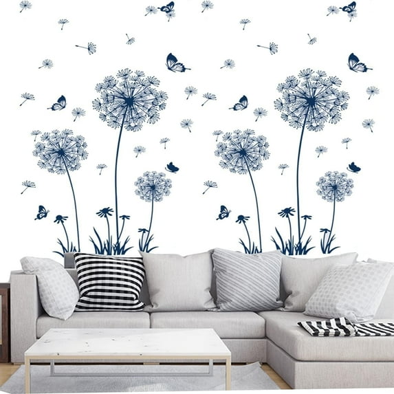 Farcauo 2 Set Dark Blue Dandelion Wall Decals Peel and Stick Dandelion Wall Stickers Large Floral Wall Stickers & Murals Flower Wall Decals for Living Room Bedroom Bathroom Door Vinyl Wall Art