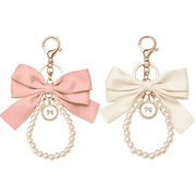 Farcauo 2Pcs Bow Pearl Keychain for Women, Satin Bow Wristlet Key Ring, Cute Pearl Beaded Bag Charm Pendant, Fashion Purse Handbag Backpack Car Key Accessories