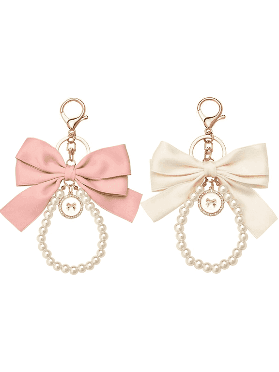 2Pcs Bow Pearl Keychain for Women, Satin Bow Wristlet Key Ring, Cute Pearl Beaded Bag Charm Pendant, Fashion Purse Handbag Backpack Car Key Accessories