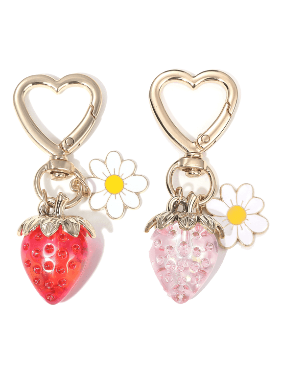 2Pcs Keychain Cute Fruits Bag Charms Pink Flower Strawberry Keychains for Women Red Bag Charms for Handbags