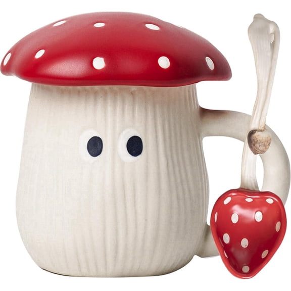 Farcauo 420ML Coffee Mushroom Mug with Lid Ceramic Tea cup with Spoon Christmas Birthday Mushroom Gift Mug for Mom Wife