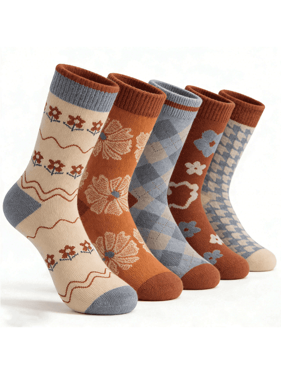 5 Pairs Socks for Women Vintage Thick Fall Socks Cute Flower Wool Socks for Women