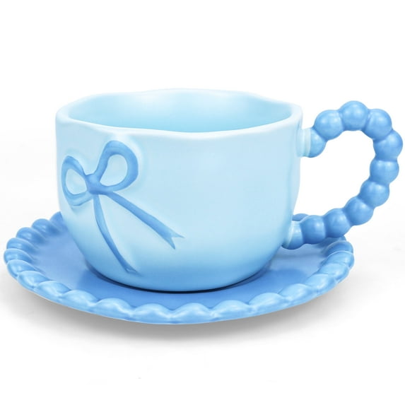 Farcauo Bow Coffee Mug Blue Coquette Coffee Mugs Set with Saucer 12 OZ Personalized Porcelain Tea Cup Bow Cute mug for Women Girl