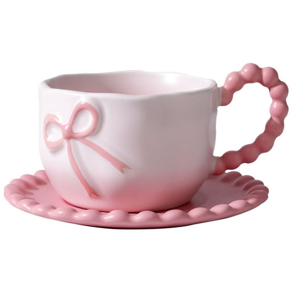 Farcauo Bow Coffee Mug Pink Coquette Coffee Mugs Set with Saucer 12 OZ Personalized Porcelain Tea Cup Bow Cute mug for Women Girl