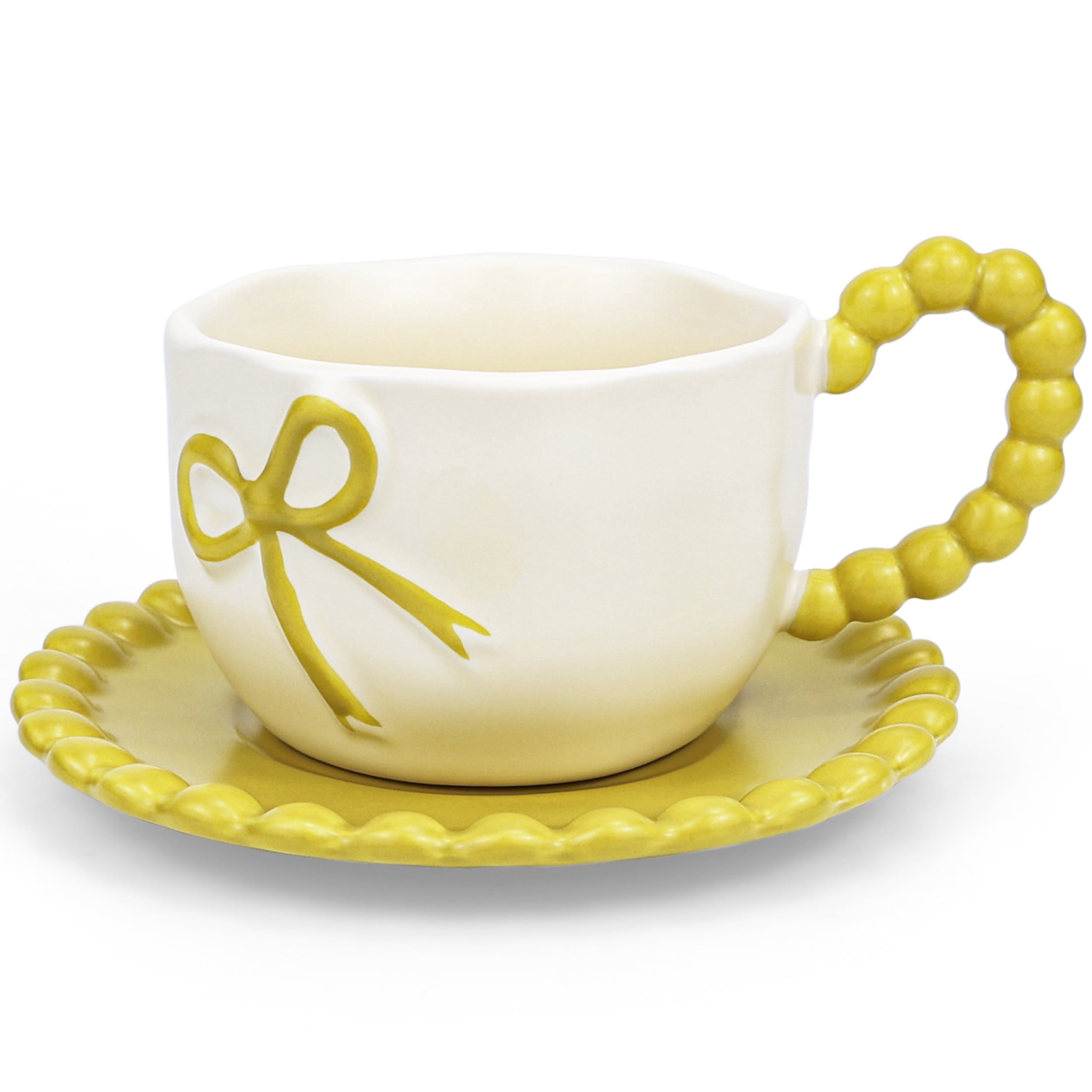 Farcauo Bow Coffee Mug Yellow Coquette Coffee Mugs Set with Saucer 12 OZ  Personalized Porcelain Tea Cup Bow Cute mug for Women Girl - Walmart.com