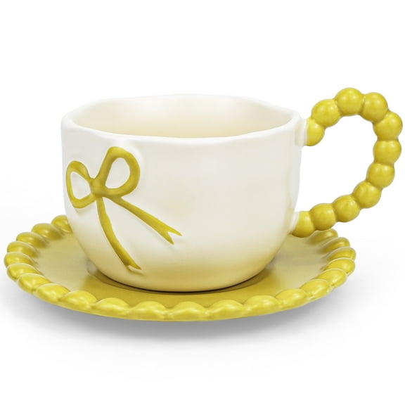 Farcauo Bow Coffee Mug Yellow Coquette Coffee Mugs Set with Saucer 12 OZ Personalized Porcelain Tea Cup Bow Cute mug for Women Girl