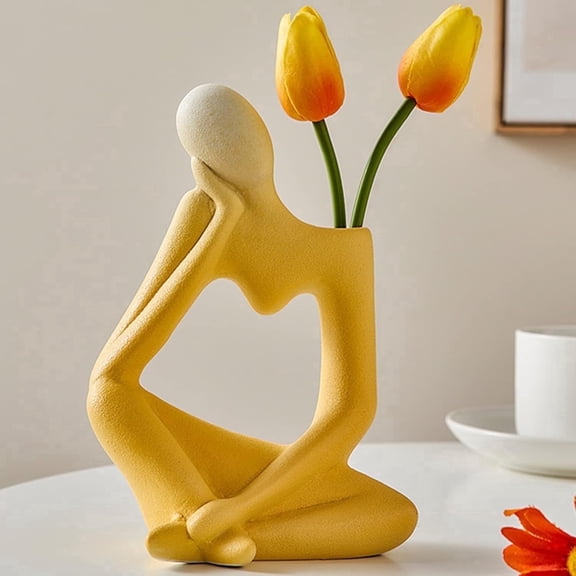 Farcauo Ceramic Thinker Vase Yellow Flower Vase for Home Decor Modern Cute Boho Vases for Table Room Decor Unique Aesthetic Vase Ceramic Decorative Face Vases for Centerpieces Birthday Gift for Women