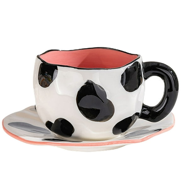 Farcauo Coffee Mugs Set with Saucer Cute Black Cow Pattern Cup Gifts for Women for Birthday Tea Coffee Mug 250 ML Ceramic Cup Birthday Gift for Women Girls Mom Friend Coffee Mug Tea Cup Saucer Set