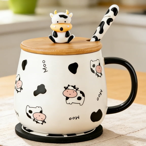 Farcauo Cute Cow Coffe Mug with Lid and Spoon Cows Print Stuff Gift 400ml Ceramic Tea Coffee Cup Kawaii Cow Mugs Funny 3D Animal Cups Birthday Gifts for Women Girls Animals Lovers