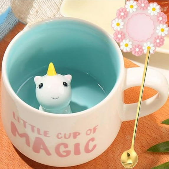 Farcauo Cute Unicorn Ceramic Coffee Mug with Animal Inside Animals Print Stuff Mugs with Spoon 12 Oz Tea Cups Ceramic Cup Funny Coffee Mugs with Spoon