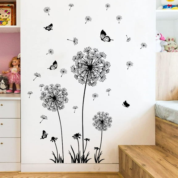 Farcauo Dandelion Wall Decals Flower Stickers Murals Black Butterflies Wall Decor for Bedroom Office Bathroom Living Room Floral Wall Decals Removable Wall Art Decoration Peel and Stick Wall Decor