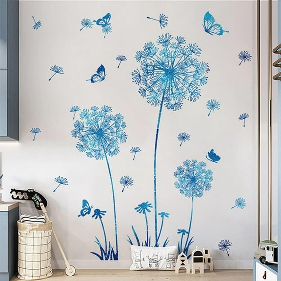 Farcauo Dandelion Wall Decals Flower Stickers Murals Blue Butterflies Wall Decor for Bedroom Office Living Room Removable Floral Wall Decal Room Wall Decor Wall Decoration Peel and Stick