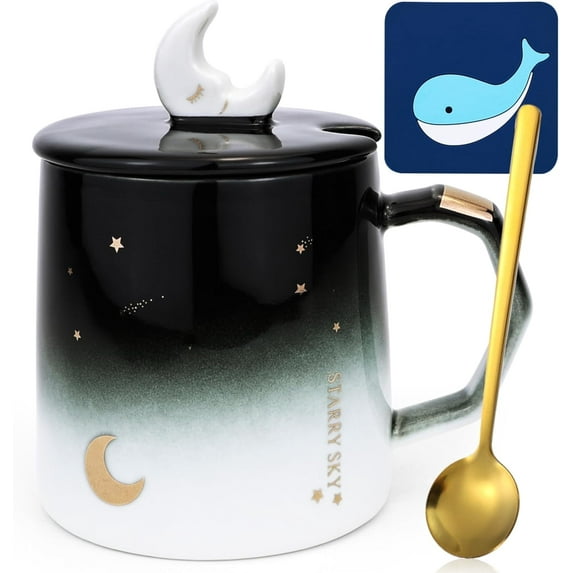 Farcauo Kawaii Cute Coffee Mug with Lid and Spoon 420 ml/14 oz Kawaii Moon Star Ceramic Mug Tea Coffee Cup for Chocolate Milk Latte Cappuccino Funny 14oz 3D Coffee Mug Gifts for Women Girls