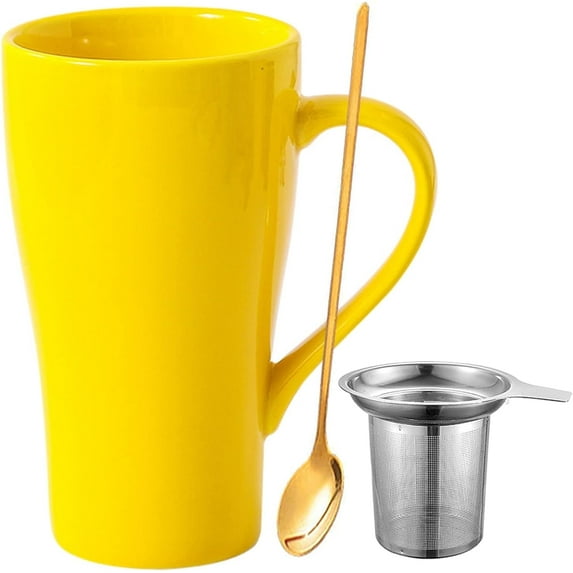 Farcauo Large Mug 500 ml Tea Mug with Strainer XXL Coffee Mug Ceramic Tea Mug Original with Spoon & Coaster 500 ml Coffee Mug Cute Birthday Gift Tea Coffee Cup Gift (Yellow)