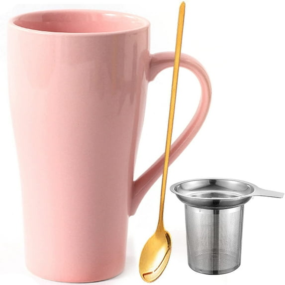 Farcauo Large Mug 500 ml Tea Mug with Strainer XXL Coffee Mug Ceramic Tea Mug Original with Spoon & Coaster 500 ml Coffee Mug Cute Birthday Gift Tea Coffee Cup Gift (Pink)