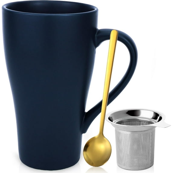 Farcauo Large Mug 500 ml Tea Mug with Strainer XXL Coffee Mug Ceramic Tea Mug Original with Spoon & Coaster 500 ml Coffee Mug Cute Birthday Gift Tea Coffee Cup Gift (Dark Blue)