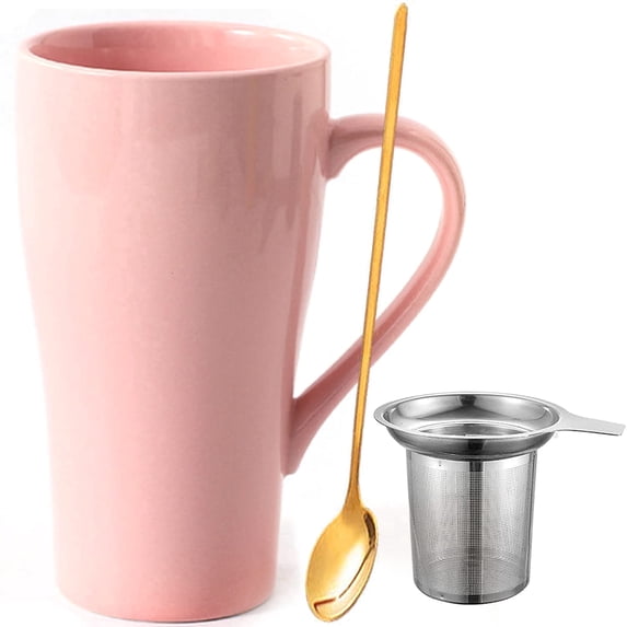 Farcauo Large Mug 500 ml Tea Mug with Strainer XXL Coffee Mug Ceramic Tea Mug Original with Spoon & Coaster 500 ml Coffee Mug Cute Birthday Gift Tea Coffee Cup Gift (Pink)