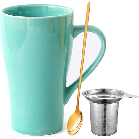 Farcauo Large Mug 500 ml Tea Mug with Strainer XXL Coffee Mug Ceramic Tea Mug Original with Spoon & Coaster 500 ml Coffee Mug Cute Birthday Gift Tea Coffee Cup Gift (Green)