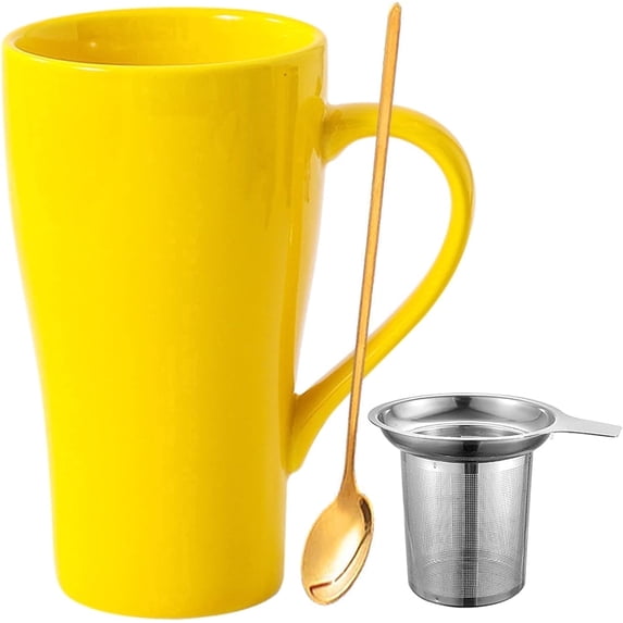 Farcauo Large Mug 500 ml Tea Mug with Strainer XXL Coffee Mug Ceramic Tea Mug Original with Spoon & Coaster 500 ml Coffee Mug Cute Birthday Gift Tea Coffee Cup Gift (Yellow)