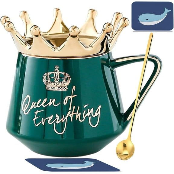 Farcauo Queen of Everything Mug with Lid Crown Queen Elizabeth Mugs 12 oz Ceramic Cup Birthday Gifts for 20 30 40 50 60 70 80 90 Women Gift for Women Girls Mom Friend