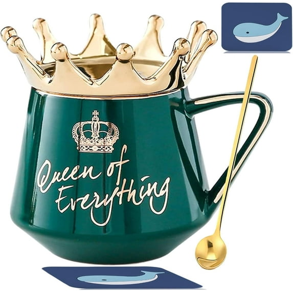 Farcauo Queen of Everything Mug with Lid Crown Queen Elizabeth Mugs 12 oz Ceramic Cup Birthday Gifts for 20 30 40 50 60 70 80 90 Women Gift for Women Girls Mom Friend