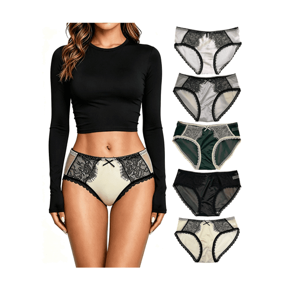 Farcauo Satin Panties 5 Pack Hipster Panties for Women Sexy Lace Womens Underwear Womens Cheeky Underwear