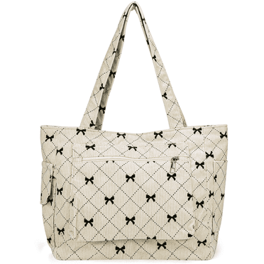 Farcauo Tote Bag for Women Cute Corduroy Shoulder Bag White Bow Tie Canvas Handbag