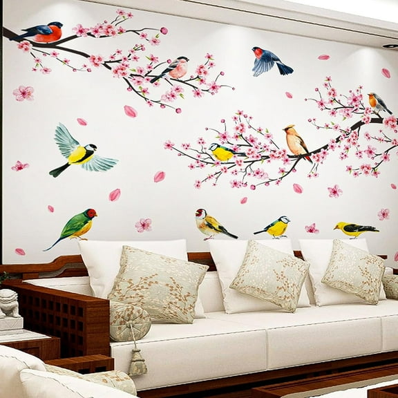 Farcauo Wall Stickers & Murals Tree Wall Decals Peel and Stick Cherry Blossom Wall Stickers for Bedroom Living Room Bathroom Kitchen Flower Bird Tree Wall Decals Art Decor Boho Wall Stickers