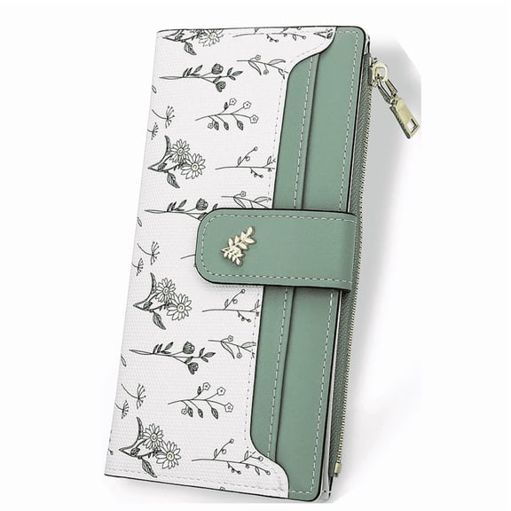 Farcauo Wallet Women Slim Wallets for Women with RFID Blocking Cute Thin Green Women's Wallet Kawaii Flower Womens Ladies Card Holder Wallets