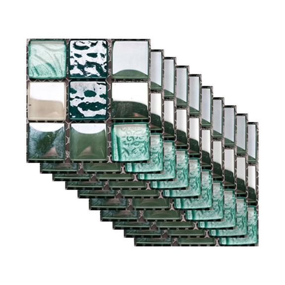 Fareti 10Pcs Green Glitter Tile Stickers Peel and Stick Decorative Tiles Waterproof Removable Sticker Tiles Backsplash Decals for Kitchen Bathroom Stair Riser Wall Covering