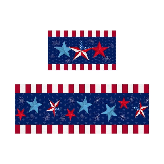 Fareti 2PCS 4th of July Patriotic Kitchen Rugs, Red, White and Blue Stars and Stripes American Flag Floor Mats Washable Non-Slip Runner Rugs for Farmhouse Independence Day Decor