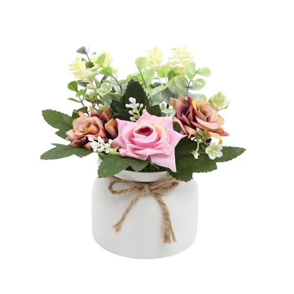 Fareti Artificial Flowers with Ceramic Pot Small Fake Rose Flowers Arrangements Faux Spring Flowers in Vase Home Spring Decor, Centerpiece Table Decorations